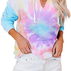 Womens Lightweight Tie Dye Hoodie Sweatshirt Long Sleeve V Neck Drawstring Hooded Pullover Tops Shirt 0