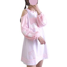 Packitcute Cute Sweet Cold Shoulder Mini Dress for Teen Girls Casual Long Sleeve Dresses Pink White 0 0