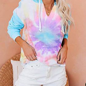 Womens Lightweight Tie Dye Hoodie Sweatshirt Long Sleeve V Neck Drawstring Hooded Pullover Tops Shirt 0 0