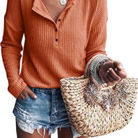 Womens Henley Shirts V Neck Long Sleeve Button Down Tops Warm Waffle Knit Tees 0