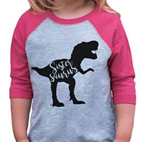 7 ate 9 Apparel Girls Sistersaurus Dinosaur Pink Baseball Tee 0